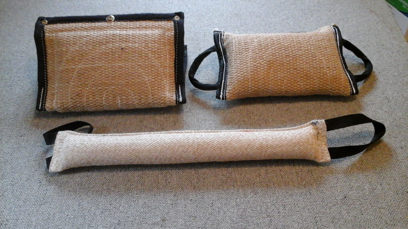 3 Handle bite wedge, 3 handle bite pillow (wide) and 2-1/2 x 24 inch jute tug